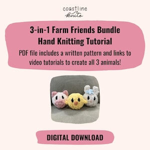 Può includere: Download digitale per un tutorial di lavoro a maglia a mano. L'immagine mostra tre giocattoli di animali della fattoria all'uncinetto: un maiale, un pulcino e un coniglietto. Il testo recita "3-in-1 Farm Friends Bundle Hand Knitting Tutorial". Il PDF include un modello scritto e link video.