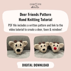 Può includere: Immagine di un download digitale per un tutorial di lavoro a maglia a mano. Il testo recita "Deer Friends Pattern Hand Knitting Tutorial". L'immagine mostra tre teste di cervo di peluche con corna marroni e nasi neri. Un cervo ha un naso rosso.