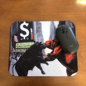 Wall Street Themed Mouse Pad Featuring the Iconic Showdown Between the Bull and the Bear