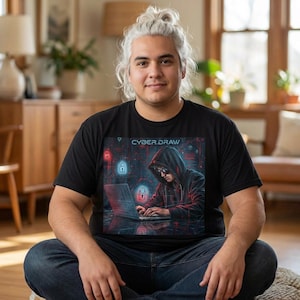 Puede incluir: Camiseta negra con un gráfico digital de una persona con capucha usando una laptop, con el texto "CYBER.DRAW". El gráfico tiene acentos rojos y azules. La persona lleva gafas de sol.