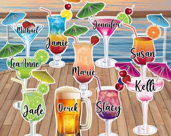 Personalized Tropical Cocktail Cruise Door Decoration Magnet, Mixed Drink Glasses With Names Make Colorful & Fun Cruise Door Decorations