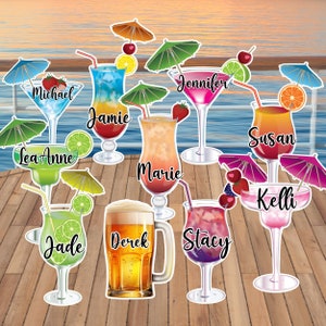 Personalized Tropical Cocktail Cruise Door Decoration Magnet, Mixed Drink Glasses With Names Make Colorful & Fun Cruise Door Decorations