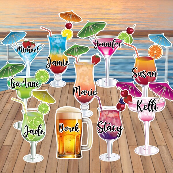 Personalized Tropical Cocktail Cruise Door Decoration Magnet, Mixed Drink Glasses With Names Make Colorful & Fun Cruise Door Decorations