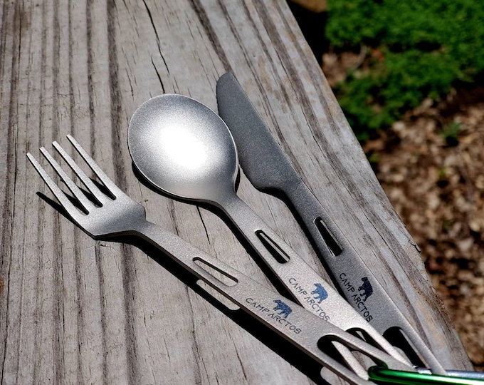 Personalized Camping Utensil Set – Engraved Titanium Fork, Spoon & Knife – Hiking Gift