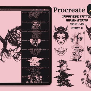 Può includere: Un'illustrazione digitale di un set di timbri per pennello Procreate con disegni di tatuaggi giapponesi. Il set include immagini di maschere, demoni, donne e nuvole. Il testo "JAPANESE TATTOO BRUSH STAMP 50 PLUS PART II" è visualizzato sull'immagine.