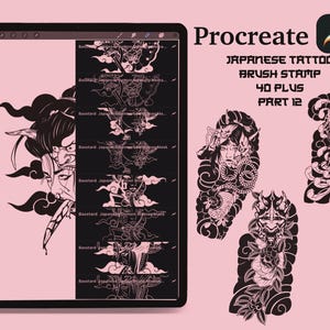 Ensemble de pinceaux Procreate : plus de 40 tampons d&#39;art pour tatouage japonais (fichier .brushset à téléchargement numérique)