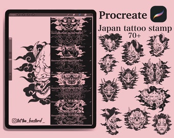 May include: A digital illustration of a Procreate app screen showing a collection of 70+ black and white Japanese demon tattoo stamps. The stamps feature various demon faces with horns and fangs, surrounded by clouds. The text "Japan tattoo stamp 70+" is displayed at the top of the screen.