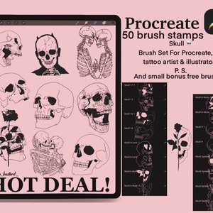 Set di 50 timbri a pennello con teschi e scheletri dell'artista digitale e tatuatore Procreate
