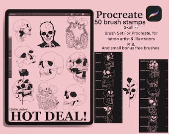 50 Skull and Skeleton brush stamps set from tattoo and digital artist Procreate