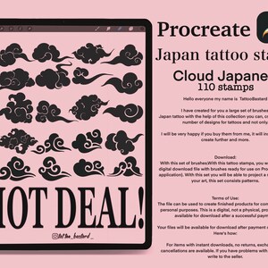 May include: A digital download of 110 Japanese cloud stamps for use in the Procreate app. The stamps are black and white and feature a variety of cloud shapes. The text "HOT DEAL!" is displayed at the bottom of the image.