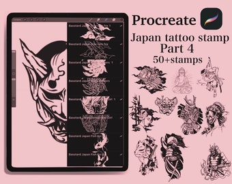 May include: A digital illustration of a Procreate app screen showing a collection of 50+ Japan tattoo stamp designs. The stamps feature traditional Japanese imagery, including koi fish, demons, samurai, and flowers. The text "Japan tattoo stamp Part 4" is displayed at the top of the screen.