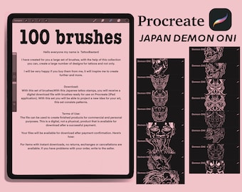 May include: Digital download for Procreate with 100 brushes and Japanese demon Oni tattoo stamps. The set includes patterns for creating designs. The file is for commercial and personal use. Text on the image: "Procreate JAPAN DEMON ONI".