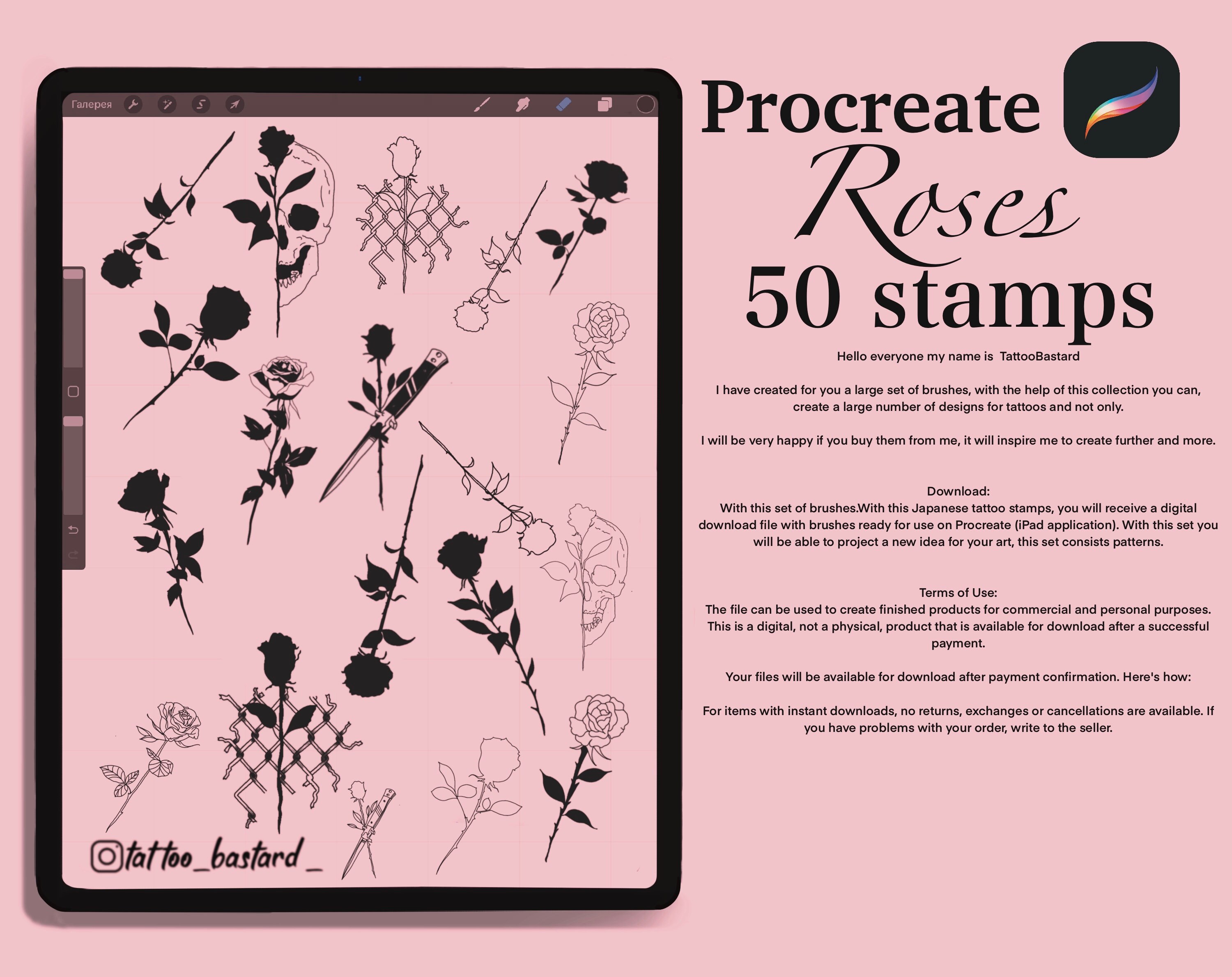 50 Stamps Brush Roses From Procreate Tattoo Artist Digital Artist ...