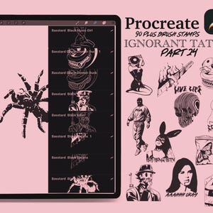 May include: A digital illustration of 90+ brush stamps for Procreate, featuring a variety of tattoo-inspired designs. The designs include a spider, a skull, a duck, a bunny, a butterfly, and more. The text "IGNORANT TATTOO PART 24" is displayed at the top of the image.
