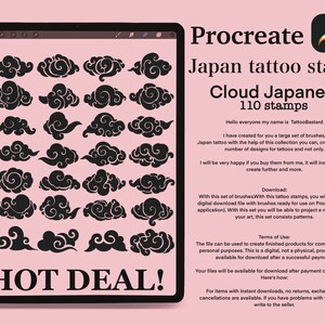 May include: A digital illustration of 110 black and white Japanese cloud stamps for use in the Procreate app. The text "HOT DEAL!" is at the bottom of the image.
