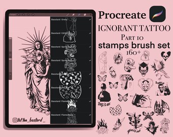 May include: A digital illustration of a Procreate brush set for creating tattoos. The set includes over 160 stamps with various designs, including skulls, butterflies, and religious imagery. The text "IGNORANT TATTOO PART IO" is displayed at the top of the image.