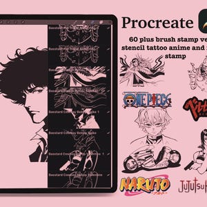 May include: A digital tablet displaying a Procreate app interface with anime and manga-themed brush stamp designs. The screen shows character portraits and logos from popular series like One Piece and Naruto, with the text "60 plus brush stamp vector stencil tattoo anime and manga stamp."