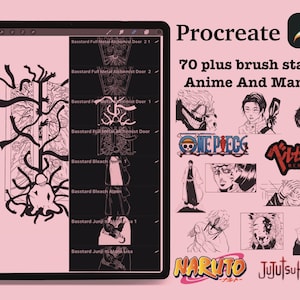 May include: A digital illustration of a tablet screen displaying a collection of 70+ anime and manga themed brush stamps for the Procreate app. The image includes popular anime titles like Naruto, One Piece, Jujutsu Kaisen, and Bleach.
