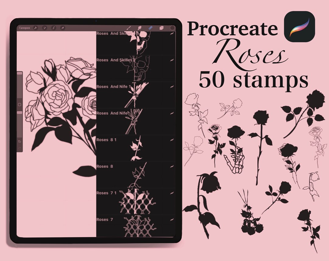 50 Stamps Brush Roses From Procreate Tattoo Artist Digital Artist ...