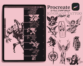 May include: Digital art set for Procreate featuring tattoo-style illustrations. Includes a tablet displaying a clown, and a selection of other designs such as cherubs, a phone, a rat with money, and a grenade. The text reads "Procreate Ignorant Tattoo Part 28".