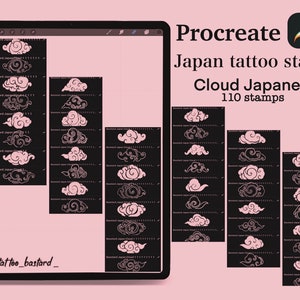 May include: A digital illustration of 110 Japanese cloud tattoo stamps for Procreate. The stamps are white on a black background and are arranged in rows on a digital tablet screen.