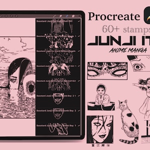以下が含まれることがあります： Procreate用のデジタルアートセット。伊藤潤二のアニメ漫画にインスパイアされた60以上のスタンプが含まれています。キャラクターやシーンの白黒イラストがタブレットに表示されています。