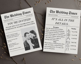 Newspaper Theme Wedding Invitation and Details Card