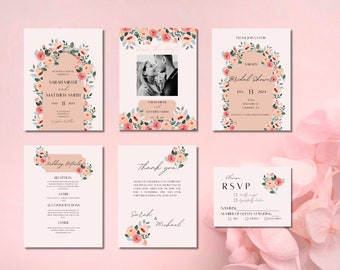 Pink Floral Wedding Invitation Template Bundle