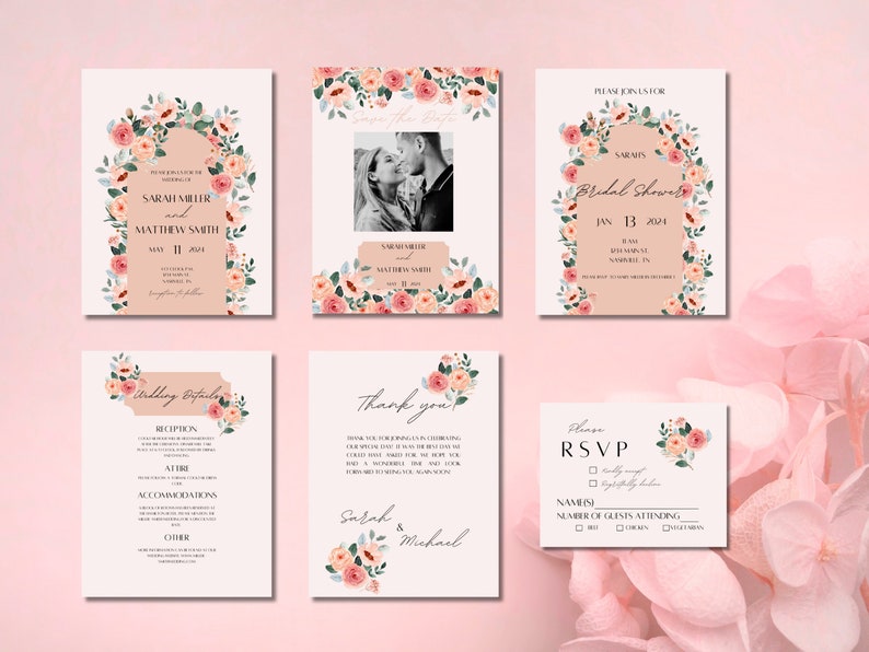 Pink Floral Wedding Invitation Template Bundle image 1