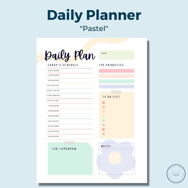 Pastel Daily Planner, Printable Daily Planner, Digital Daily Planner, Hourly Planner, To Do List, Printable Download, Instant Download