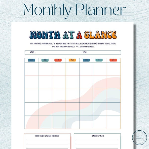 Retro Month at a Glance Printable 2023, Blank Monthly Planner Digital, Monthly Snapshot, One Page Planner, Small Monthly Calendar