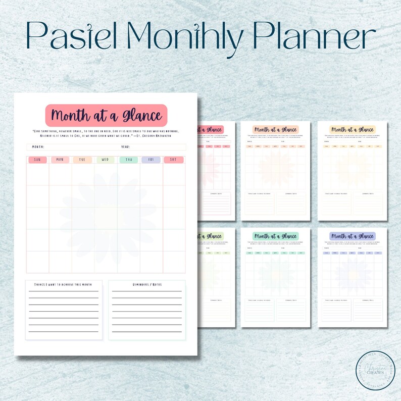Pastel monthly planner printable blank month at a glance page 2023