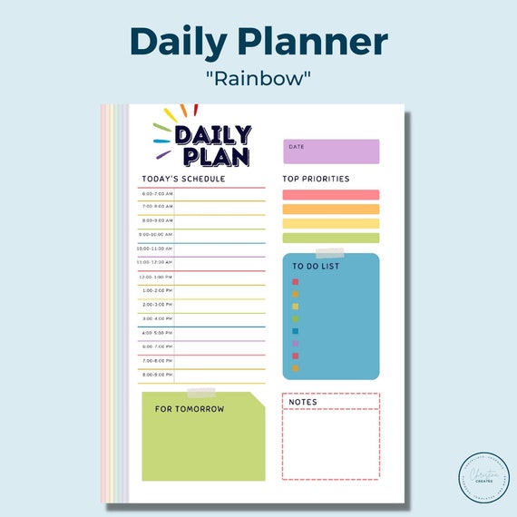 Rainbow Daily Planner, Printable Daily Planner, Digital Daily Planner, Hourly Planner, To Do List, Printable Download, Instant Download