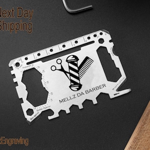 Tarjeta multiherramienta de barbero personalizada, herramienta de barbero negra y plateada personalizada, EDC del tamaño de una tarjeta de crédito para barberos, idea de regalo de barbero, regalo de Navidad