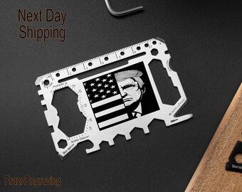 Custom Engraved Multi Tool Card with USA Flag Design Black and Silver, Tactical Survival Tool for Men, Metal TRUMP Vote Design Wallet Card
