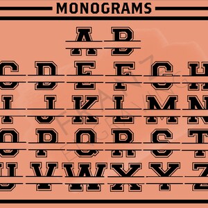 May include: A graphic image of the alphabet in a bold, blocky font style. Each letter is split in half by a horizontal line. The letters are black on a peach background. The word "MONOGRAMS" is at the top of the image.
