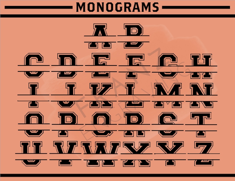 May include: A graphic image of the alphabet in a bold, blocky font style. Each letter is split in half by a horizontal line. The letters are black on a peach background. The word "MONOGRAMS" is at the top of the image.