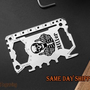 Custom Engraved Stainless Steel Multi-Tool Card, Personalized Skull Design, Durable Survival Tool With Ruler, Bottle Opener, Perfect Gift