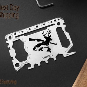 Tarjeta de herramientas múltiples personalizada para caza y pesca, equipo para exteriores grabado personalizado, herramienta de supervivencia negra y plateada, envío al día siguiente, regalo de Navidad