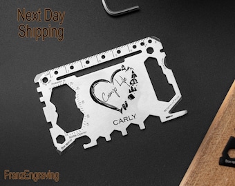 Personalized Camping Multi-Tool Card, Stainless Steel Survival Tool with Heart Camping Life Design, Custom Gift for Campers, Christmas Gift