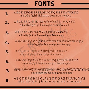 May include: A graphic showing eight different font styles. Each font style is shown in uppercase and lowercase letters. The font styles range from simple and classic to more decorative and whimsical.