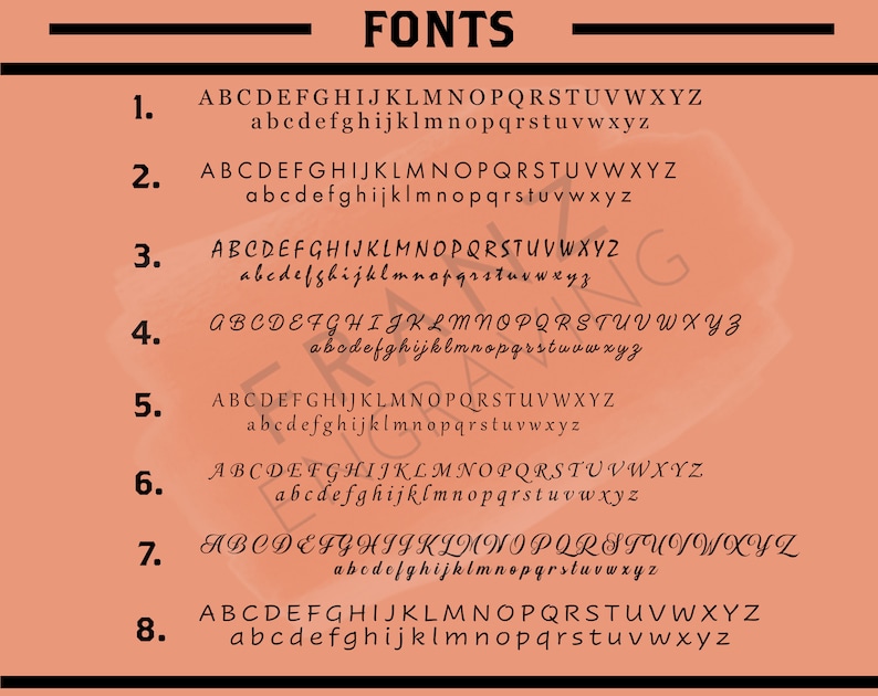May include: A graphic showing eight different font styles. Each font style is shown in uppercase and lowercase letters. The font styles range from simple and classic to more decorative and whimsical.