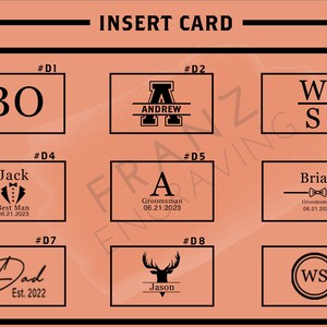 May include: Nine different card designs with black text on a peach background. The designs include initials, names, and titles like "Best Man", "Groomsman", and "Dad".