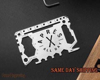 Après All Day Multi-Tool Card, Ski-Themed Engraved Wallet Tool, Compact Survival Tool For Outdoor Adventures, Unique Gift For Skiers