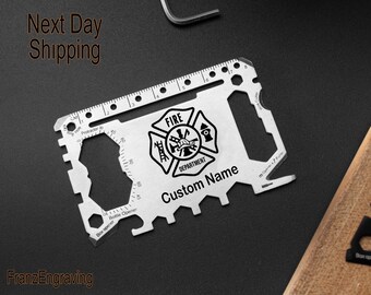 Custom Firefighter Multi-Tool Card, Personalized Fire Department Badge, Black & Silver Engraved Survival Tool, Christmas Gift