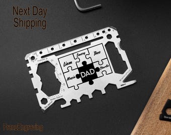 Custom Dad Puzzle Multitool Card with Engraved Names, Personalized Wallet Tool, Father’s Day Gift, Next-Day Shipping, Practical Dad Gift