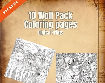 10 páginas para colorear de manada de lobos PDF/PNG digitales