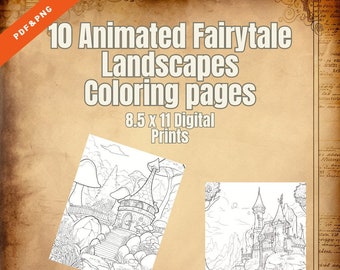 10 páginas animadas para colorear de paisajes de cuento de hadas Digital PDF/PNG