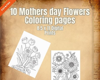 10 Páginas para colorear de flores del Día de la Madre Digital PDF/PNG