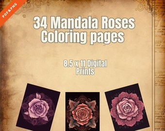 34 Páginas para colorear Mandala Rosas Digital PDF/PNG